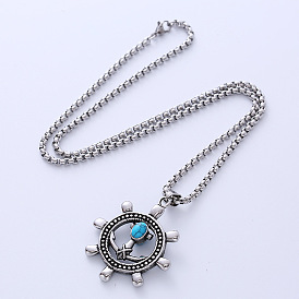 Stylish Stainless Steel Synthetic Turquoise Ship Wheel Pendant Punk Necklaces for Men's Fashion