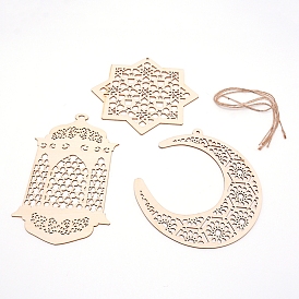 Olycraft Eid Al-Fitr Theme Cottonwood Pendants, with Hemp Ropes, Octagon, Moon & Lamp