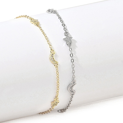 Bracelets en laiton sertis micro-pavés de zircon cubique transparent en forme de lune et d'étoile, plaqué longue durée, crémaillère plaquage, sans plomb et sans cadmium