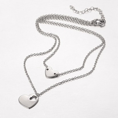 Two Tier Stainless Steel Necklaces, with Heart Findings and Lobster Claw Clasps, 15.3 inch (39cm)
