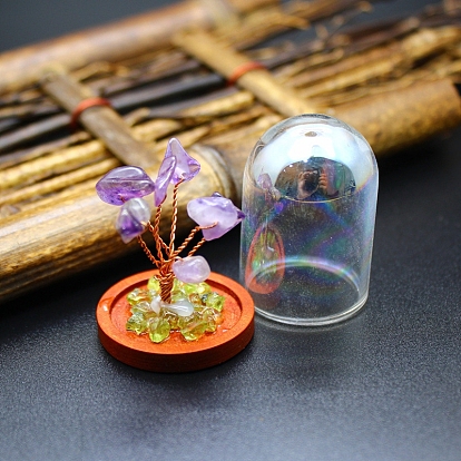 Natural Gemstone Chips Tree Decorations, Wood & Glass Bell Jar with Copper Wire Feng Shui Energy Stone Gift for Home Office Desktop Decorations