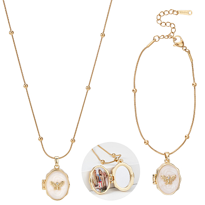 2шт. наборы ожерелий и браслетов из нержавеющей стали, бабочка, с подвесками из прозрачного кубического циркония из латуни