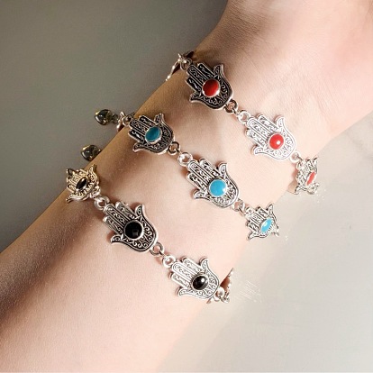 Pulseras de cadena de eslabones de mano de hamsa esmaltadas de aleación europea vintage para mujer, el color plateado de plata
