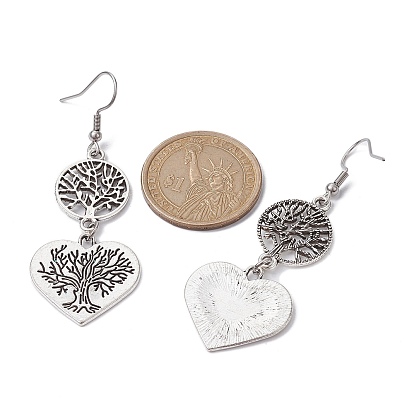 Tree of Life Alloy Dangle Earrings, 304 Stainless Steel Earring for Women, Flat Round and Heart