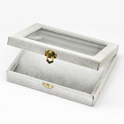 Wooden Rectangle Jewelry Boxes, Covered with Velvet, with Glass and Iron Clasps, 20x15.7x4.7cm