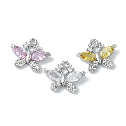 Brass Micro Pave Clear Cubic Zirconia Charms, Cadmium Free & Nickel Free & Lead Free, with Glass, Butterfly, Real Platinum Plated