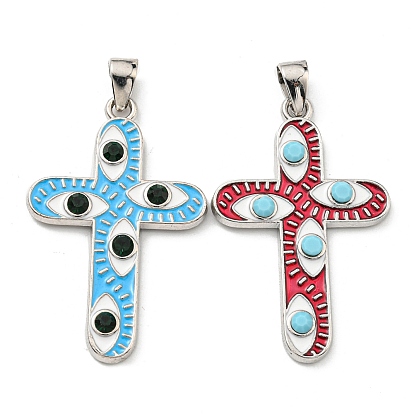 Rack Plating Alloy Enamel Pendants, Cross Charms with Glass, Long-Lasting Plated, Lead Free & Cadmium Free, Platinum