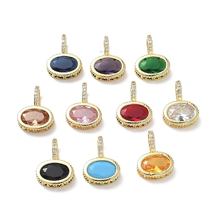 Brass Pave Cubic Zirconia Pendants, Flat Oval Charms, Long-Lasting Plated, Rack Plating, Lead Free & Cadmium Free, Real 18K Gold Plated