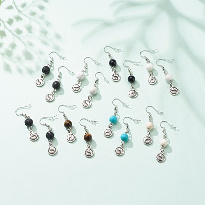 2 paire 2 style pierre mixte naturelle et synthétique avec de longues boucles d'oreilles pendantes yin yang, bijoux en laiton pour femmes