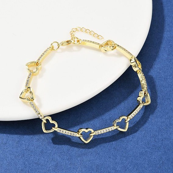 Латунные браслеты-цепочки с микропаве из прозрачных кубических цирконий для женщин, сердце, стойки покрытие, долговечный, без свинца и без кадмия