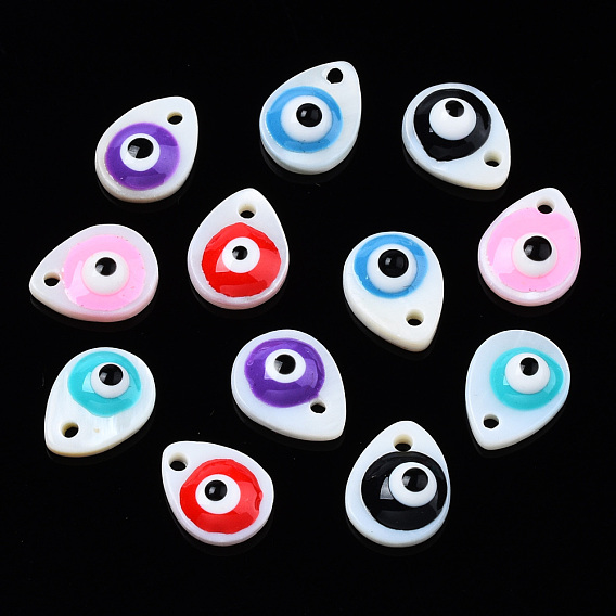 Natural Freshwater Shell Charms, with Enamel, Teardrop with Evil Eye