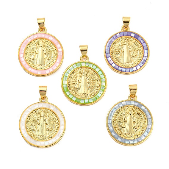 Brass Charms, with Shell, Cadmium Free & Lead Free, Long-Lasting Plated,  Flat Round with Cssml Ndsmd Cross God Father Religious Christianity, Real 18K Gold Plated