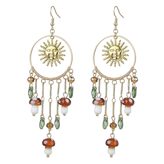 Золотые 304 серьги-люстры из нержавеющей стали, серьги-подвески в стиле лэмпворк с грибами и стеклянными наггетсами