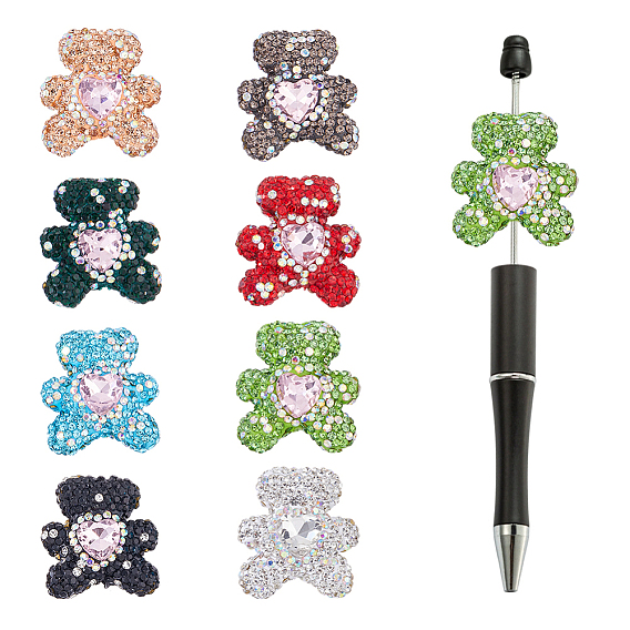 8Pcs 8 Styles Rhinestone Clay Pave Beads, Bear with Heart
