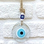 Glass Flat Round with Evil Eye Pendant Decorations, Jute Cord Car Wall Hanging Decoration