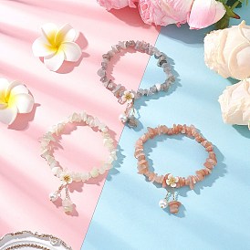 3Pcs Natural Sunstone & New Jade & Labradorite Chip Beaded Charm Bracelets, Stretch Bracelets for Women, with Shell Pearl & ABS Plastic Imitation Pearl Flower