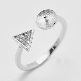 Adjustable 925 Sterling Silver Cuff Rings, Design Ring Mounts Fittings with Pearl Seat, For Half Drilled Beads, with Cubic Zirconia, Triangle, Size 7