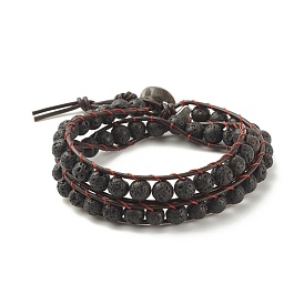 Round Natural Lava Rock Braided Wrap Bracelet, Essential Oil Gemstone Two Loops Bracelet for Women