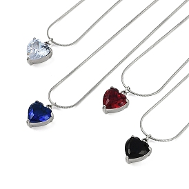 304 Stainless Steel Cubic Zirconia Heart Pendant Round Snake Chain Necklaces for Women