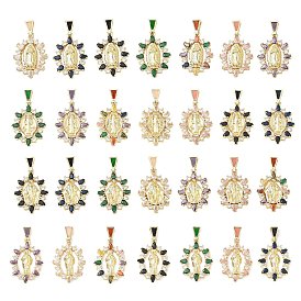 Religion Brass Pave Cubic Zirconia Pendants, with Enamel, Oval with Saint/Virgin Charms, Lead Free & Cadmium Free, Long-Lasting Plated, Rack Plating, Real 18K Gold Plated