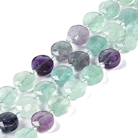 Natural Fluorite Beads Strands, with Seed Beads, Faceted Hexagonal Cut, Flat Round