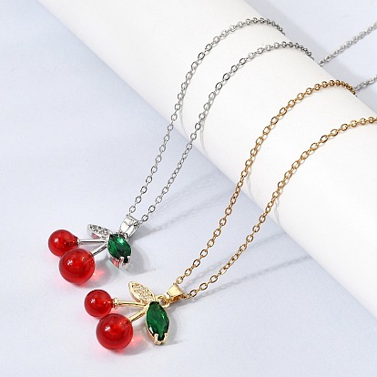 Подвеска из латуни с микропаве из прозрачных кубических цирконий и смолы в виде красной вишни 304 цепочка из нержавеющей стали для женщин