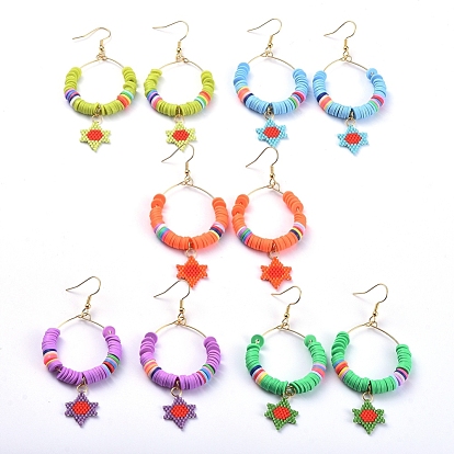 Handmade Polymer Clay Heishi Bead Dangle Earrings, for Jewish, with Seed Beads and 304 Stainless Steel Earring Hooks, Ring and Star of David