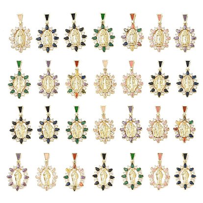 Religion Brass Pave Cubic Zirconia Pendants, with Enamel, Oval with Saint/Virgin Charms, Lead Free & Cadmium Free, Long-Lasting Plated, Rack Plating, Real 18K Gold Plated