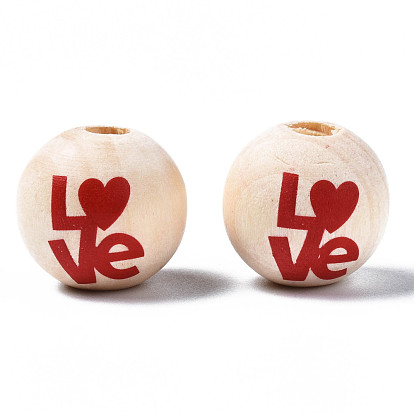 Unfinished Natural Wood European Beads, Large Hole Beads, Printed, Round with Love