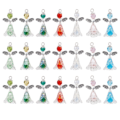 21шт 7цвета гальванизированные стеклянные бусины подвески, ангел, с латунными филигранными колпачками для бусин и 304 петлей из нержавеющей стали с плоскими головками, граненые