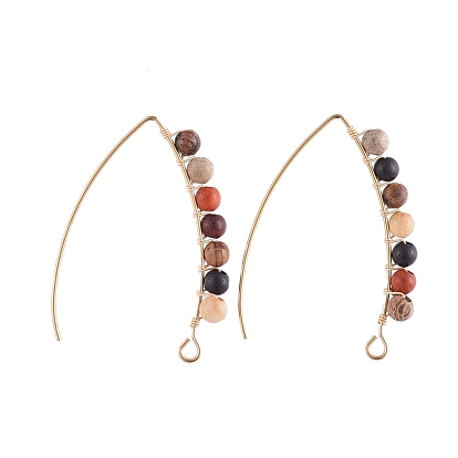 Pendants d'oreilles, avec des perles rondes en bois, boucles d'oreilles en fil de cuivre et 304 en acier inoxydable