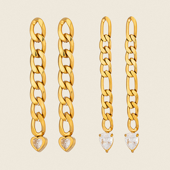 304 Stainless Steel Pave Cubic Zirconia Curb Chains Stud Earrings for Women, Heart