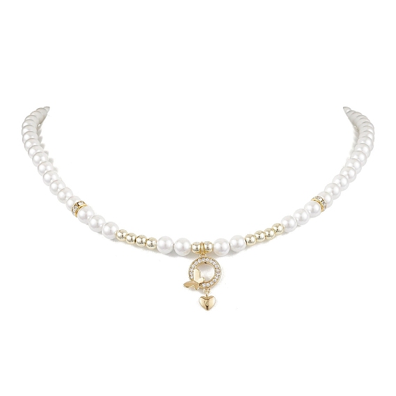 Shell Pearl Necklaces, Brass Micro Pave Cubic Zirconia Pendant Necklaces, Ring with Butterfly & Heart