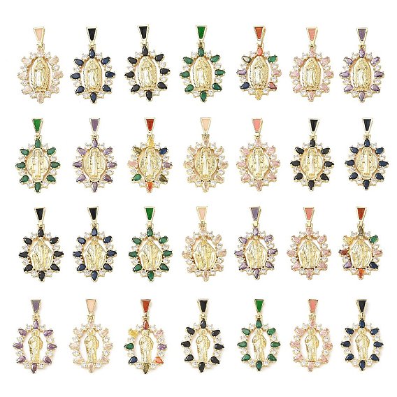 Religion Brass Pave Cubic Zirconia Pendants, with Enamel, Oval with Saint/Virgin Charms, Lead Free & Cadmium Free, Long-Lasting Plated, Rack Plating, Real 18K Gold Plated