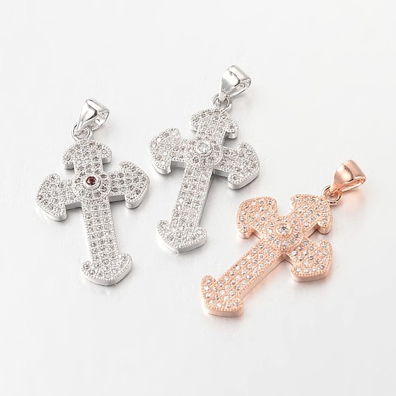Латинский крест из латуни микро проложить Цирконом подвески, без свинца и без никеля , 28x17x4 мм, отверстие : 4x3 мм