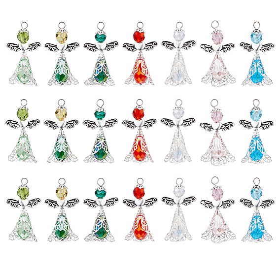 21шт 7цвета гальванизированные стеклянные бусины подвески, ангел, с латунными филигранными колпачками для бусин и 304 петлей из нержавеющей стали с плоскими головками, граненые