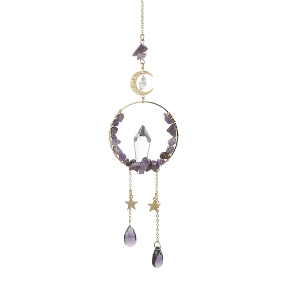 Украшения из латунных колец и чипсов из драгоценных камней в проволочной обертке, со стеклянной подвеской-капелькой и конусом