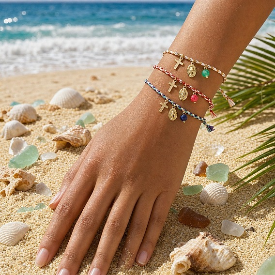 3Pcs 3 Colors Bohemian Brass Religon Cross Virgin Charm Bracelet Sets, Braided Cotton Cord Adjustable Stackable Bracelets, Golden
