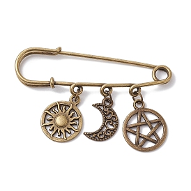 Tibetan Style Alloy Star Moon Sun Charms Kilt Pins Brooch, with Stainless Steel Safety Pins