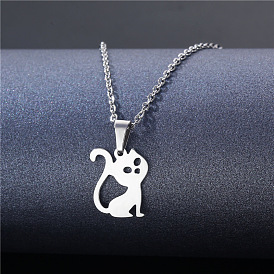 Cat Shape Stainless Steel Pendant Necklaces, Cable Chain Necklaces for Women