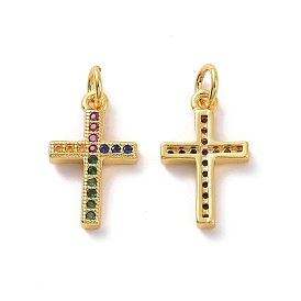 Brass Micro Pave Colorful Cubic Zirconia Pendants, with Jump Ring, Cross Charm