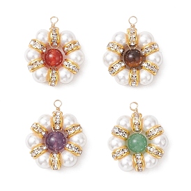 4 шт. 4 стили натуральный зеленый авантюрин и тигровый глаз и сердолик и аметист и ракушечный жемчуг круглые бусины цветы подвески, смешанные окрашенные и неокрашенные