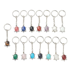 Gemstone Keychain, with Brass Findings and Alloy Split Key Rings, Tortoise, Platinum