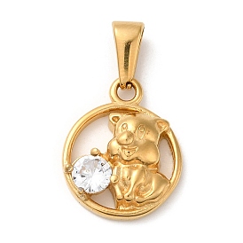 Vacuum Plating 304 Stainless Steel Pendants, with Rhinestone, Long-Lasting Plated, Flat Round with Pig Charm