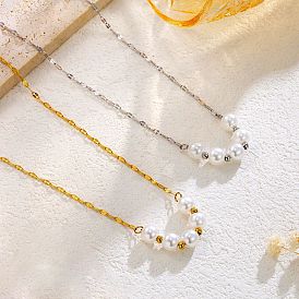 Imitation Pearl Round Beaded Pendant 201 Stainless Steel Dapped Chain Necklaces for Women, White