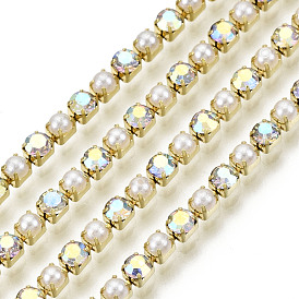 Brass Rhinestone Strass Chains, with ABS Plastic Imitation Pearl, Rhinestone Cup Chain, Grade A, Raw(Unplated)