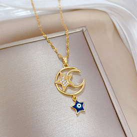 Crystal Rhinestone Moon with Enamel Star Evil Eye Pendant Necklace, Titanium Steel Jewelry for Women