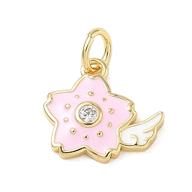 Brass Micro Pave Clear Cubic Zirconia Charms, with Pink Enamel, Flower with Wing Charms