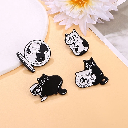 Lovely Cat with Magnifying Glass/Cup/Fish Brooches, Black Alloy Enamel Pins