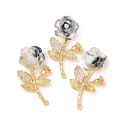 Латунный микропаве прозрачный кубический цирконий с подвесками из смолы, роза, золотые